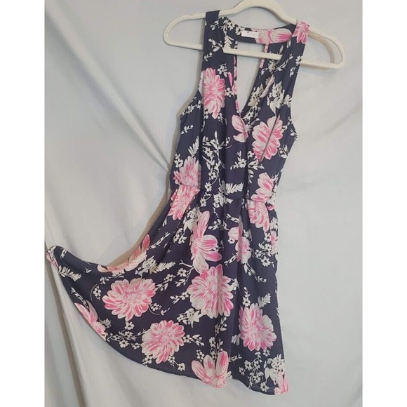 Lush Mini Blue Pink Floral Sleeveless Skater Dress V-Neck Key Hole Back Sz L - Picture 7 of 8